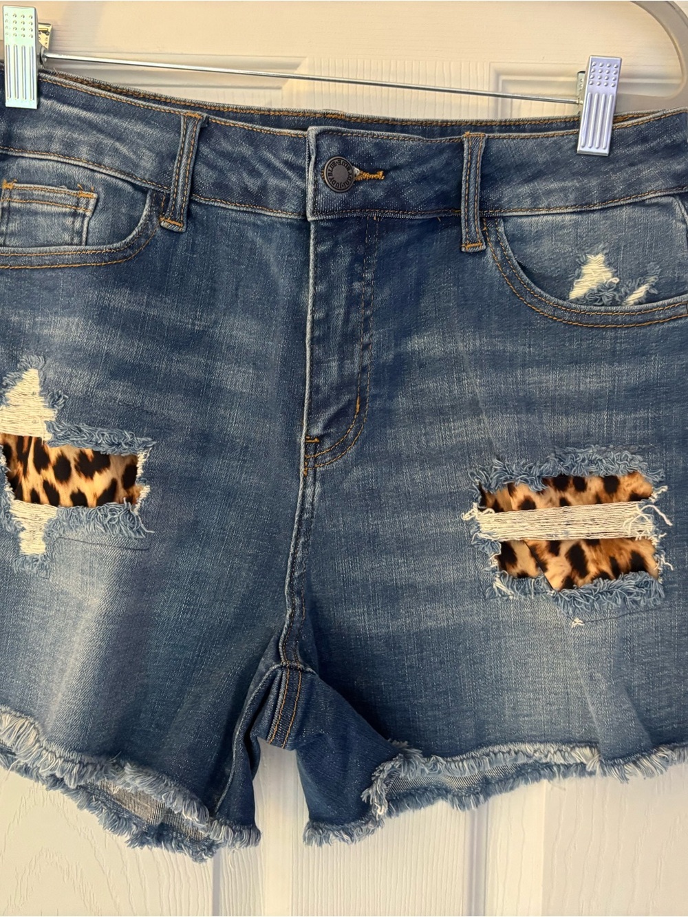 Judy Blue Blue Distressed Jean Shorts with Leopard Patches